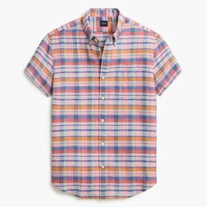 J Crew Button Down Shirt Mens Large Slim Linen & Cotton multi Plaid Short Sleeve